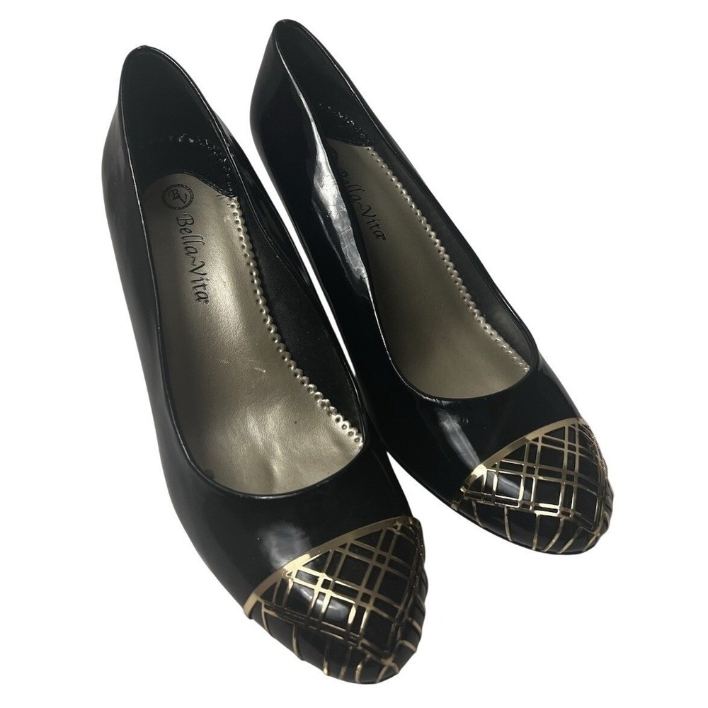 VTG BELLA VITA PAXTON II BLACK PATENT DRESS PUMP GOLD TOE SIZE 10